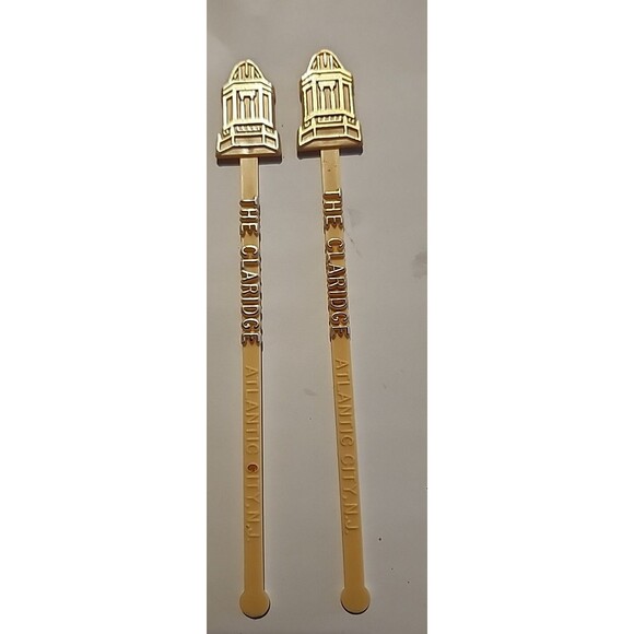 Vintage Claridge Hotel Atlantic City Swizzle Sticks Set of 2 Gold-Tone 6.5" - Picture 1 of 3